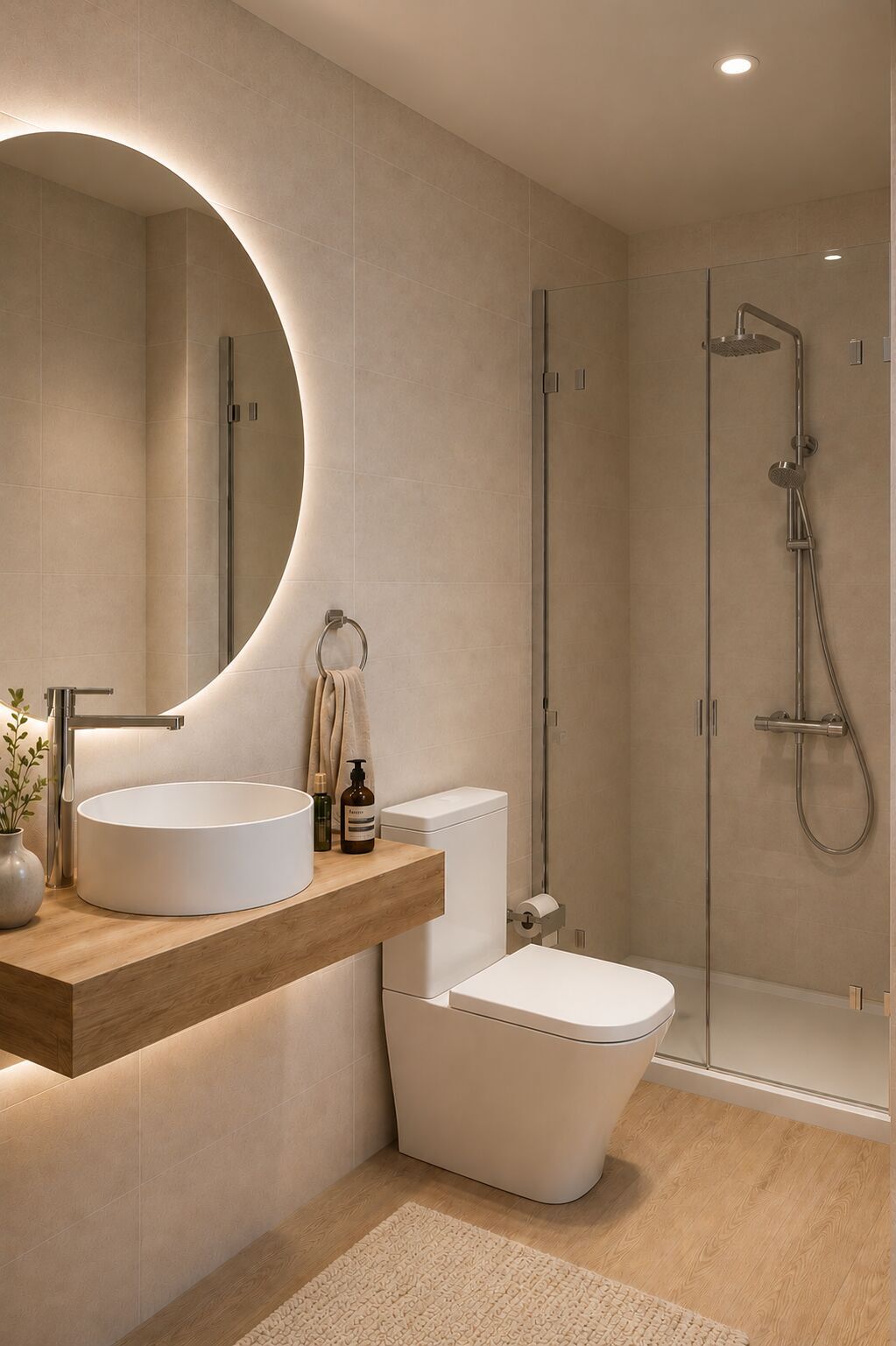 Baño con sanitarios premium y acabados en madera