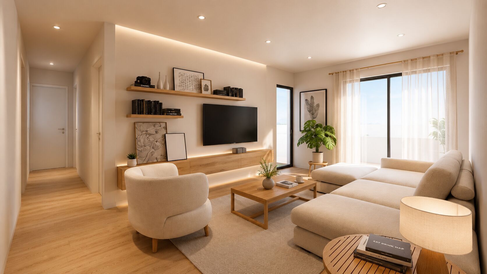Salón con iluminación cálida y acabados de madera natural