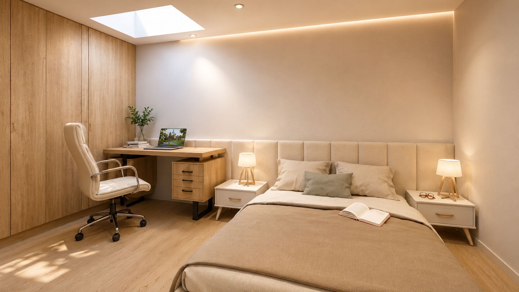 Dormitorio con zona de escritorio en una vivienda del Edificio CENTRVM